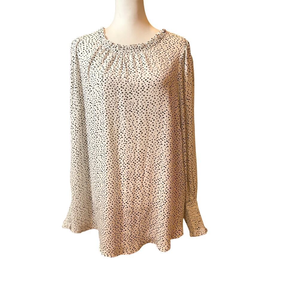 Carolina Belle White Black Dots Ruffle Neck Blouse Plus 2X